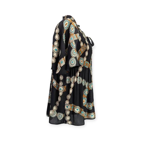 LRL Women's Black Southwest Belt Print Tunic Top pleated - Picture 2 of 9